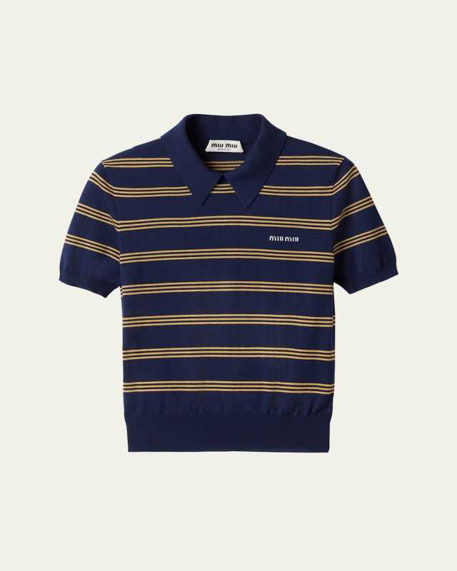 Stripe Short-Sleeve Polo Cashmere Silk Sweater